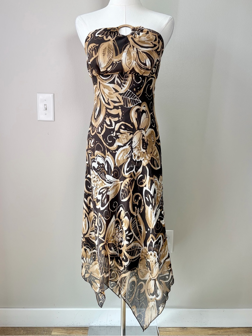 Speechless Y2K Brown Floral Handkerchief Hem Strapless Midi Dress Boho Vacation